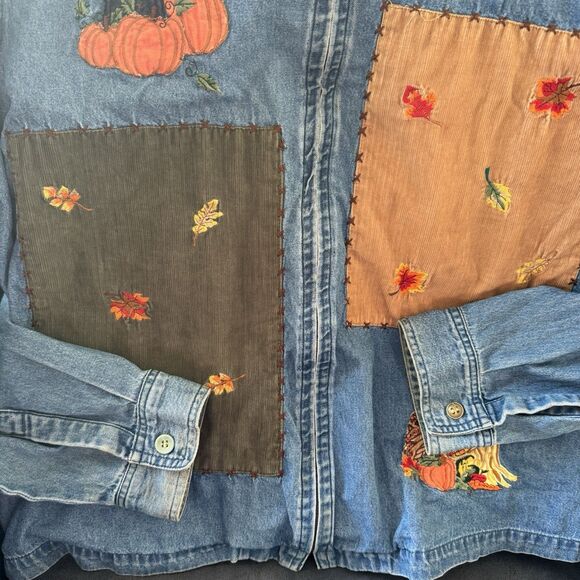 Vintage Cottagecore Fall Autumn Embroidered Patchwork Denim Jacket XL Pumpkin 90 - Picture 15 of 16